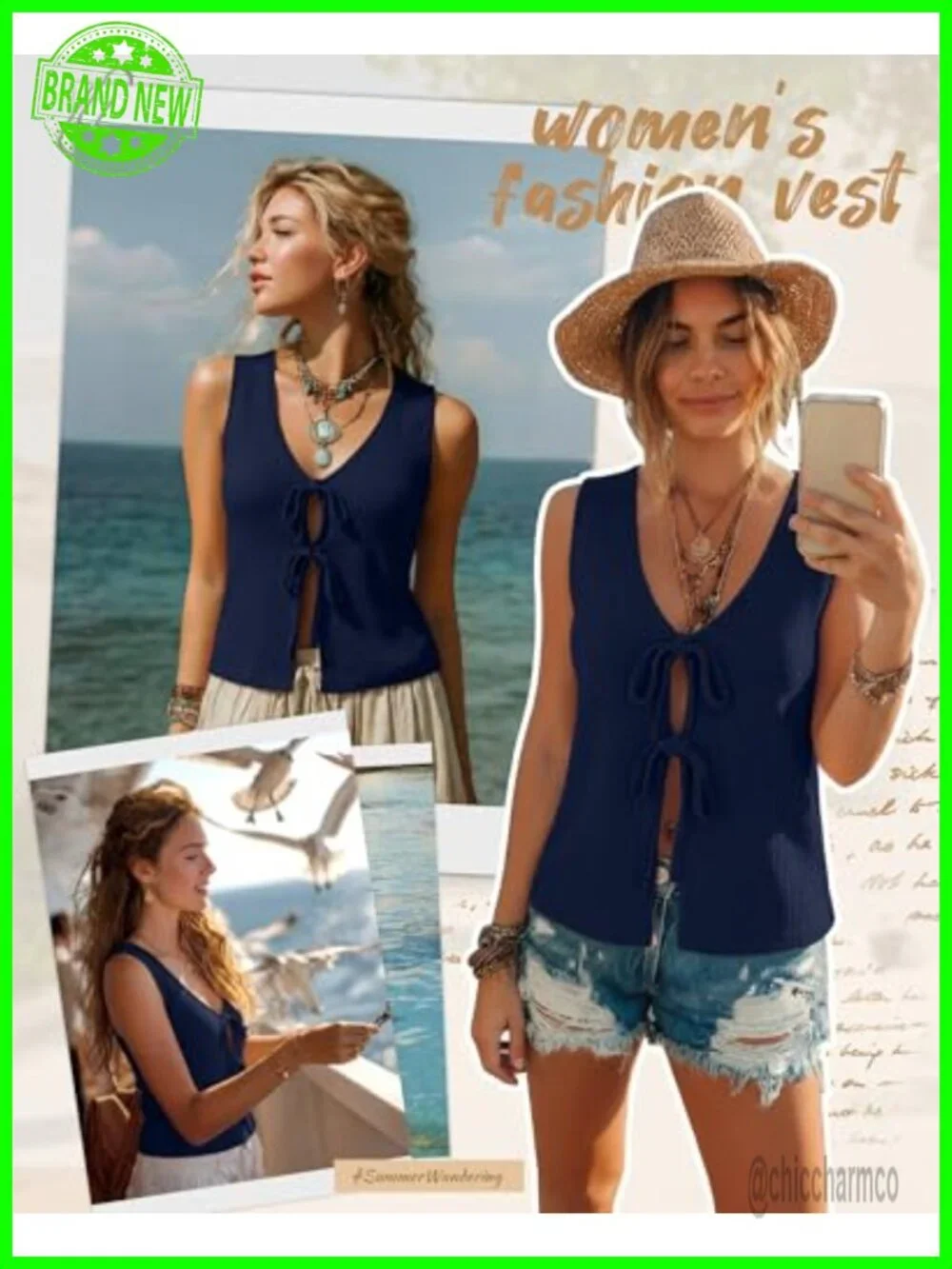 Ribbed Tie Front Sweater Vest Sleeveless Cotton Blend Tank Top